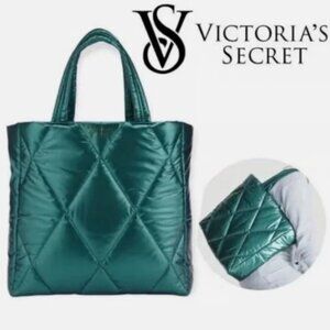 Victoria's Secret Puffy Tote Bag TEAL QUILTED Green Travel Purse NWT